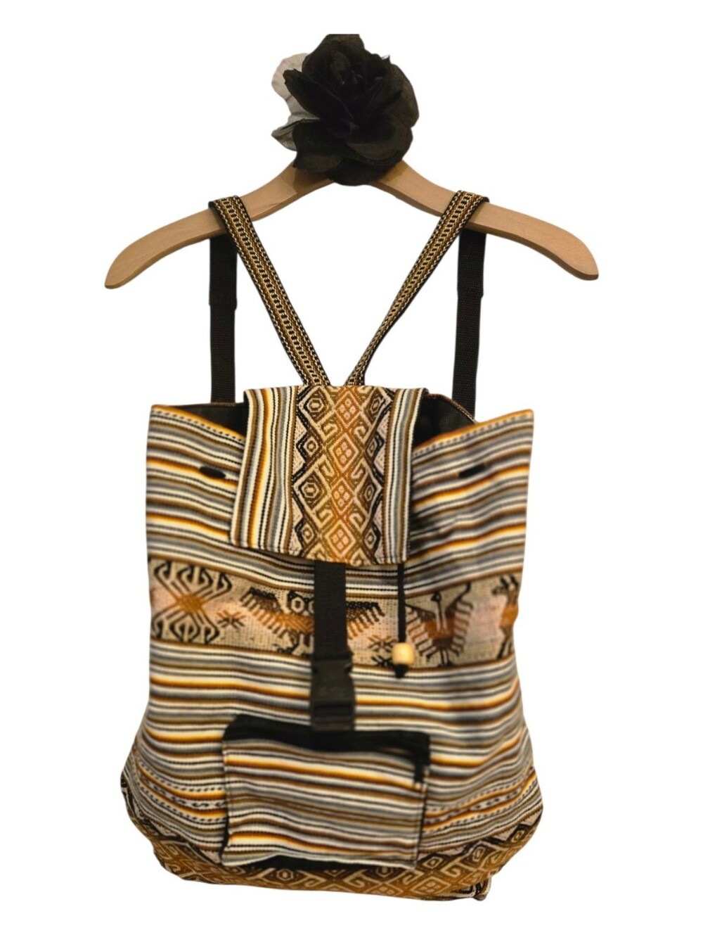 Boho Striped Canvas Peruvian Woven Backpack in Black and Tan Animal Print